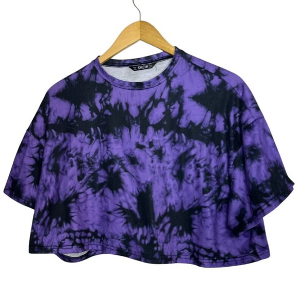 Shein Women's M Crop Top Boxy Purple Black Tie Dye Alternative Emo Goth Spooky - Picture 1 of 3